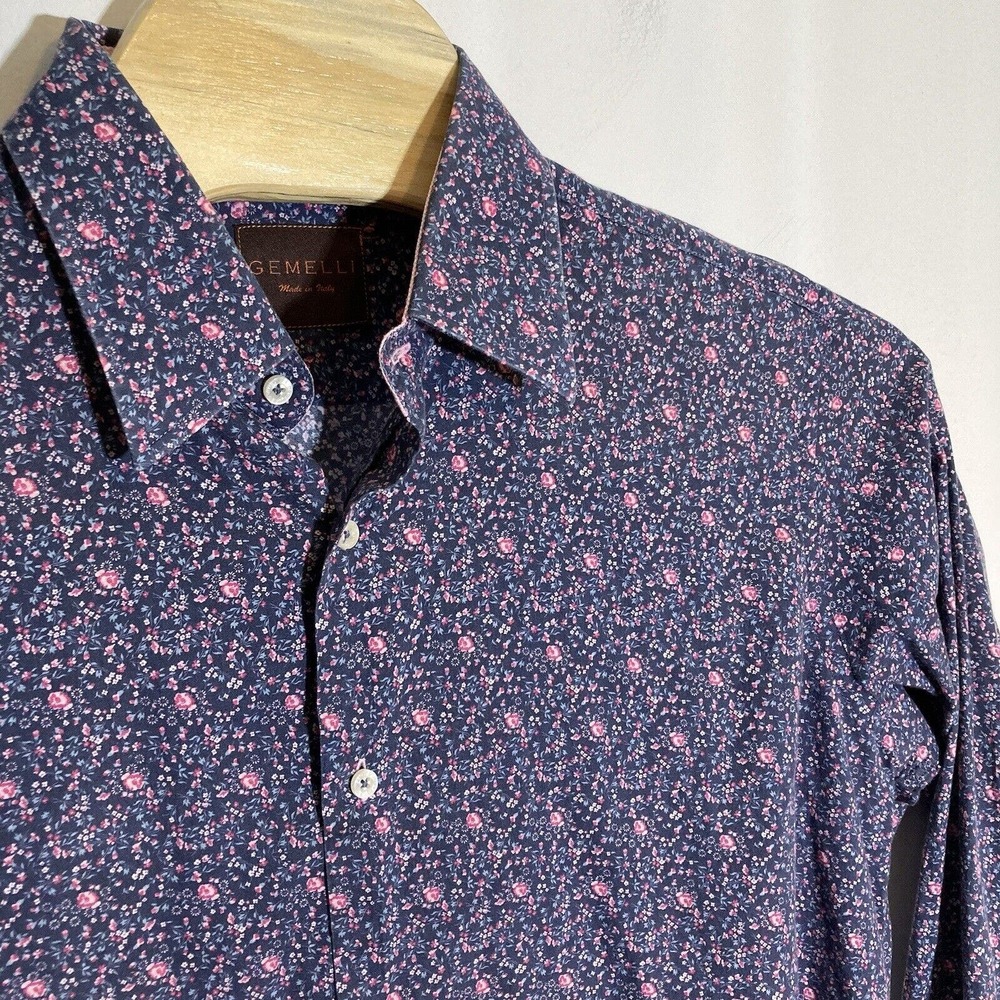 Gemelli Men's Size 17 43 Floral Blue Pink Button‎ Down Shirt Flip Cuff Italy